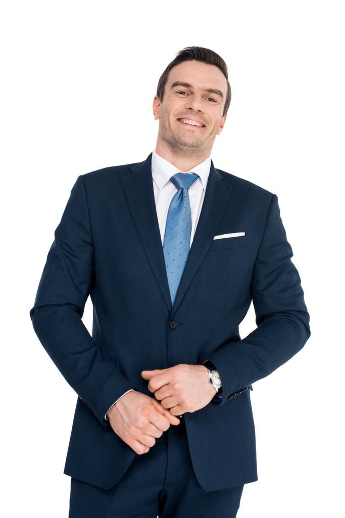 Portret van knappe middelste leeftijd zakenman glimlachend op camera geïsoleerd op wit - Foto, afbeelding