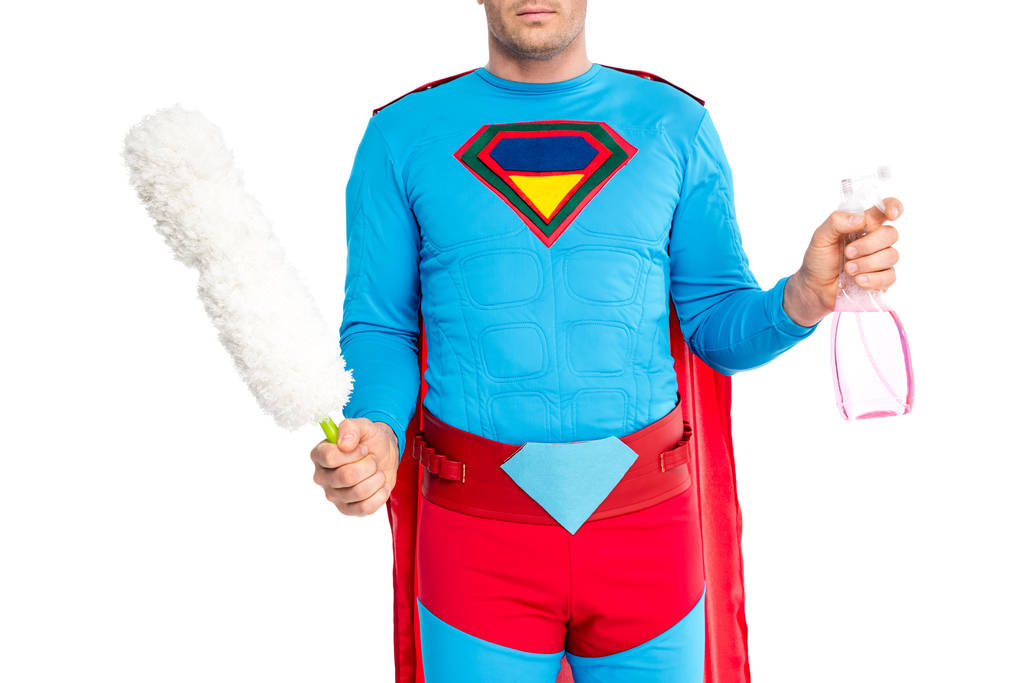 cropped shot of man in superhero costume holding duster and spray bottle isolated on white - Photo, Image