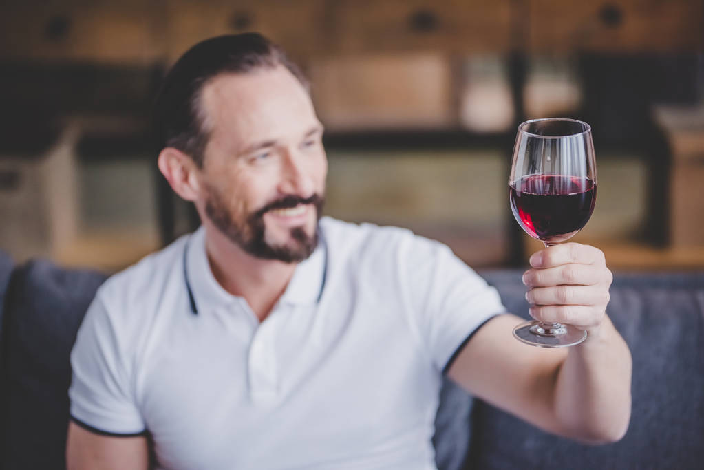 kanepede oturan ve kırmızı şarap tutan gülümseyen adam portresi - Fotoğraf, Görsel