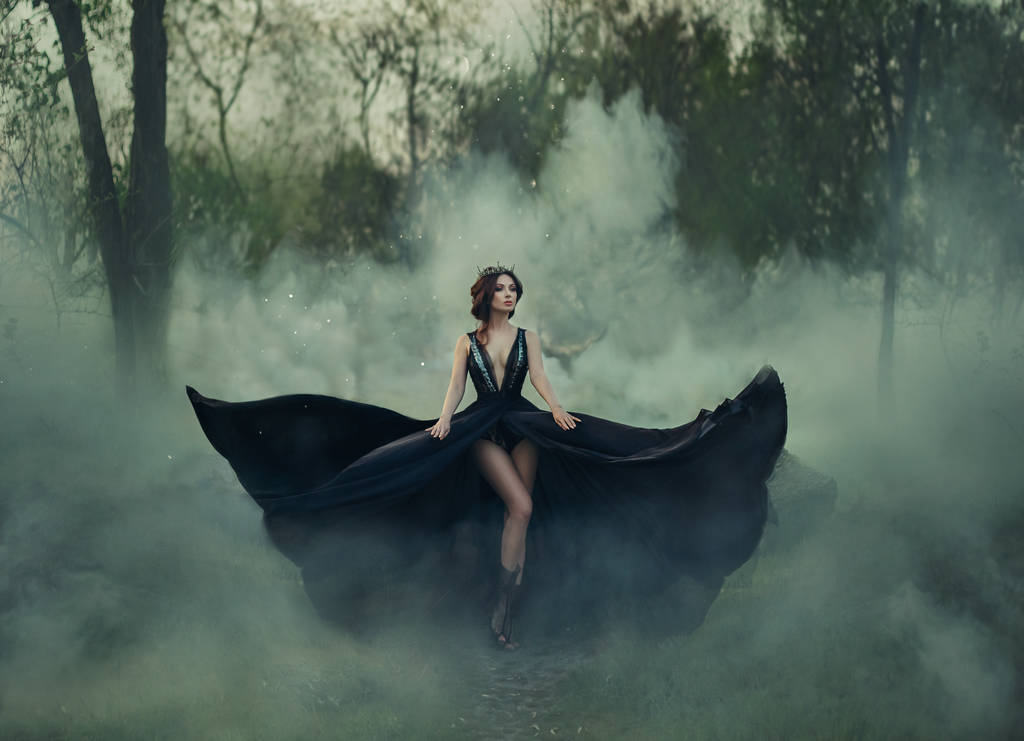 La reina oscura, con las piernas largas desnudas, camina la niebla. Un lujoso vestido negro brilla en diferentes direcciones, como las alas de un cuervo. Elegante peinado con corona gótica. Foto artística
. - Foto, Imagen