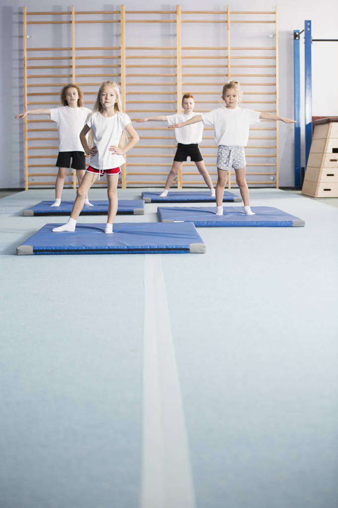 Školní dívky a chlapci, dělá rozehřívací cvičení v interiéru haly moderní tělocvičnu s zdi bary a gymnastické zařízení - Fotografie, Obrázek