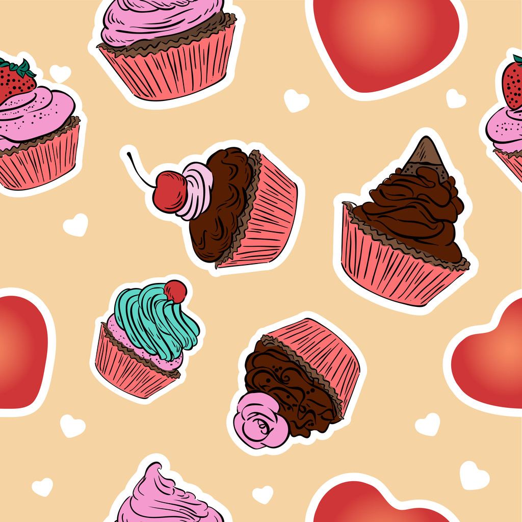 Seamless cupcake pattern. Hand drawn background. - Vector, Image