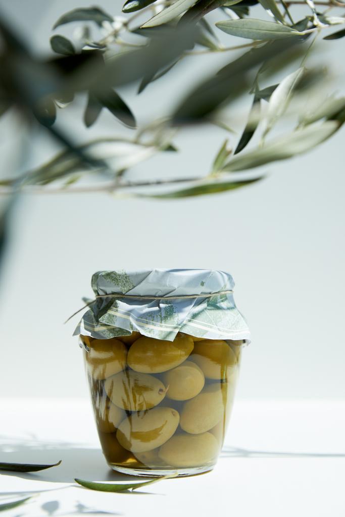 jar of aromatic oil with green olives and branches on white table - Photo, Image
