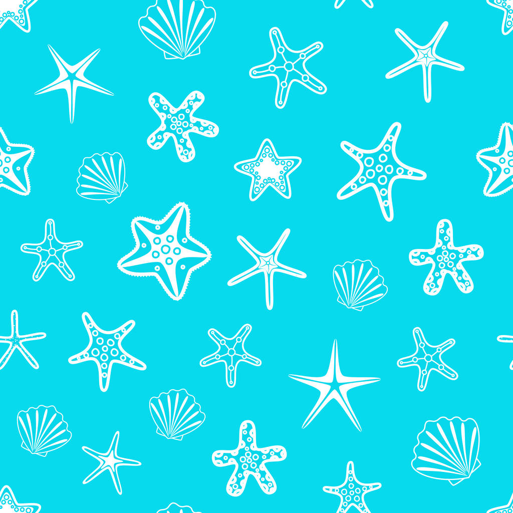 Kabukları ve starfishes üzerinde mavi arka plan ile Seamless modeli. Vektör çizim. - Vektör, Görsel