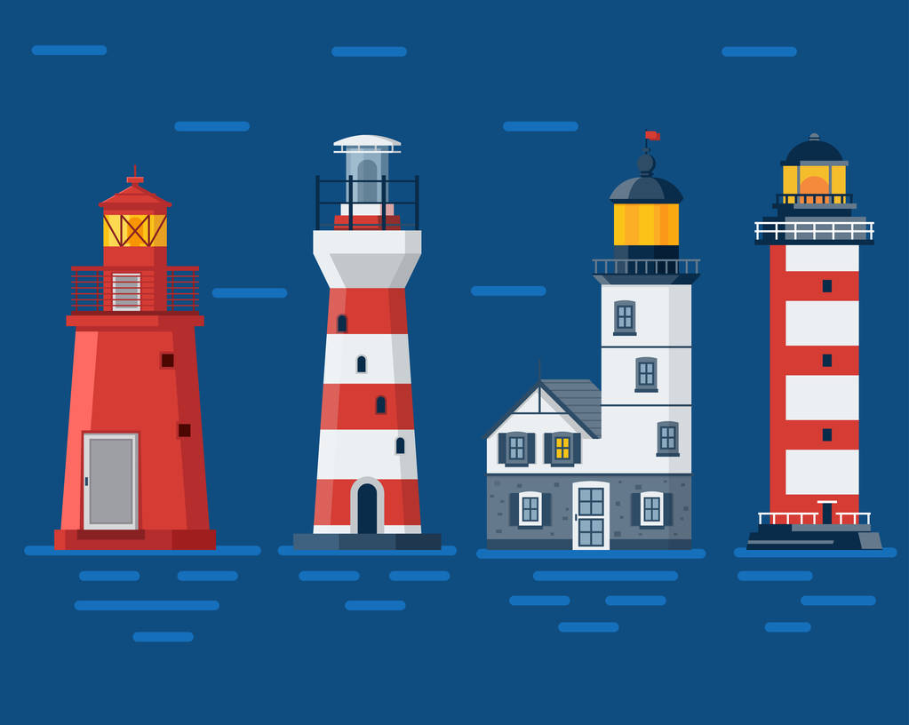 海の背景の赤灯台 - ベクター画像