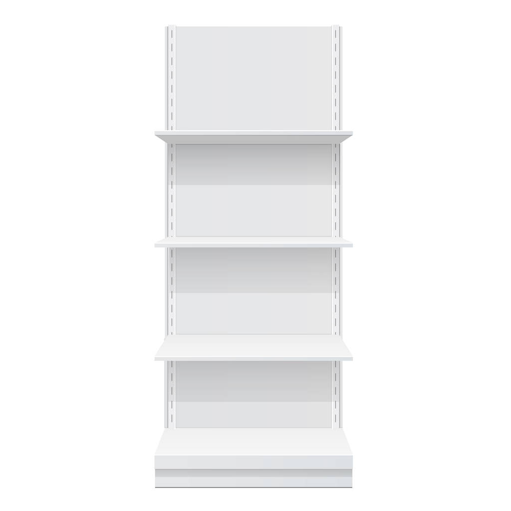 Advertising POS POI Display Rack Shelves For Supermarket Floor Showcase on the white background. front view. Slender white shelves. Mock Up Template. Vector illustration. - Vector, Image