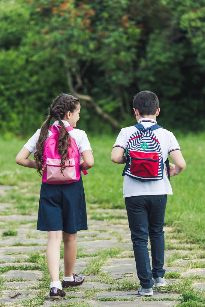 zadní pohled na rozkošný školáci pěší cestou v parku společně - Fotografie, Obrázek