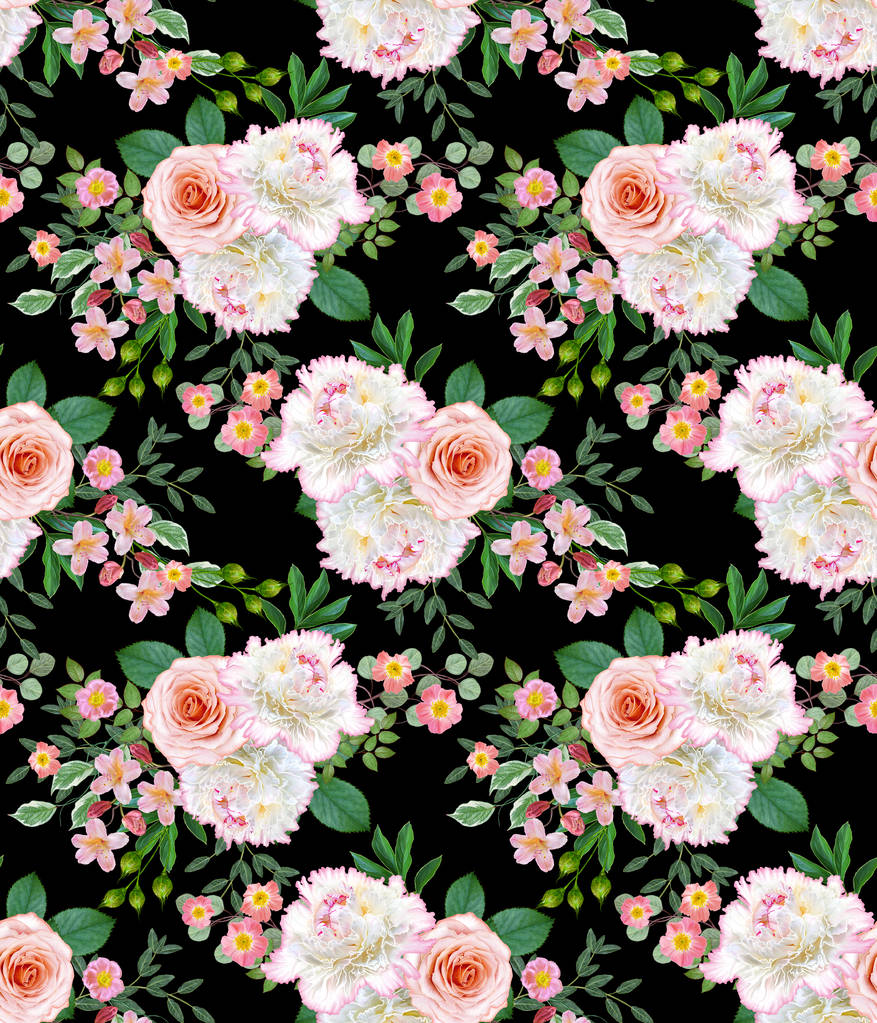 Florales nahtloses Muster. Blumenschmuck, Strauß zarter rosa Rosen, weiße Pfingstrosen grüne Blätter. - Foto, Bild