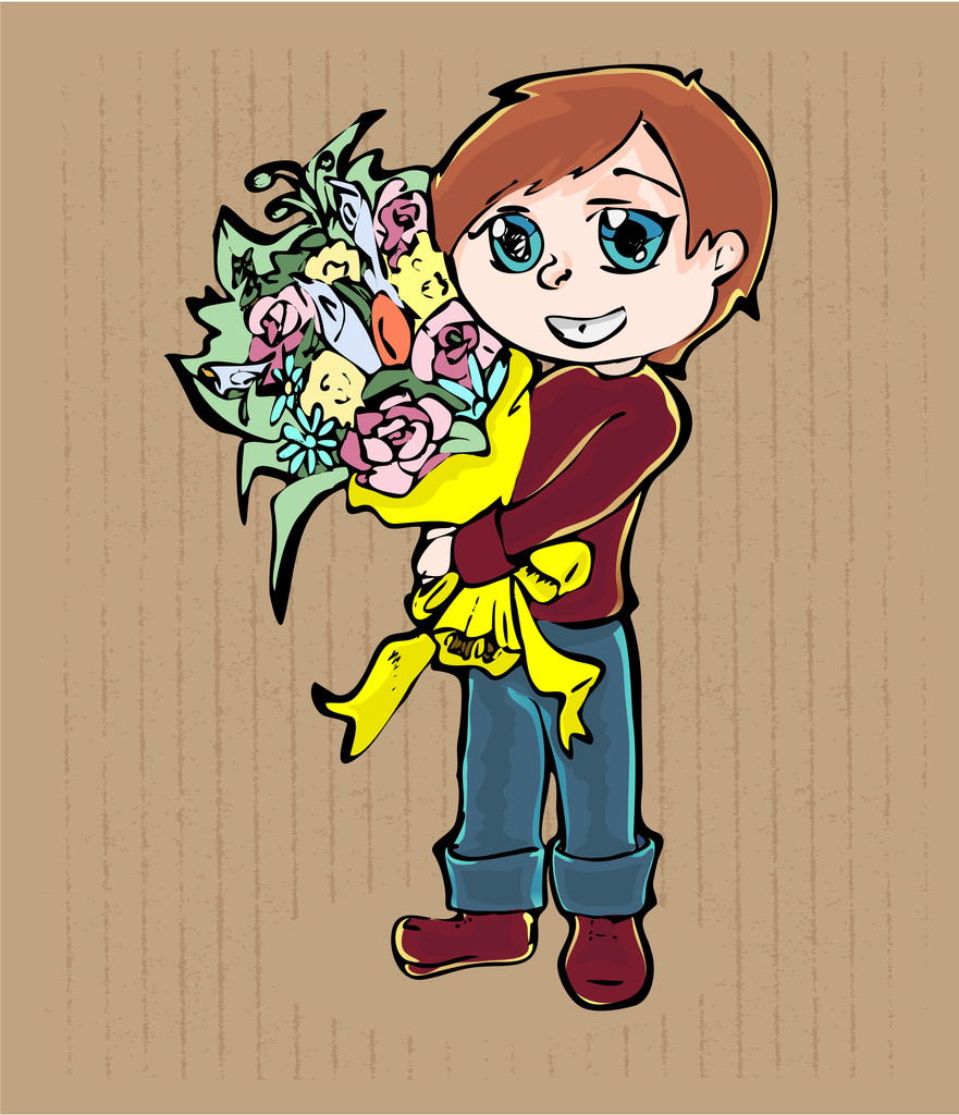 花の花束を持つ若い漫画少年 - ベクター画像
