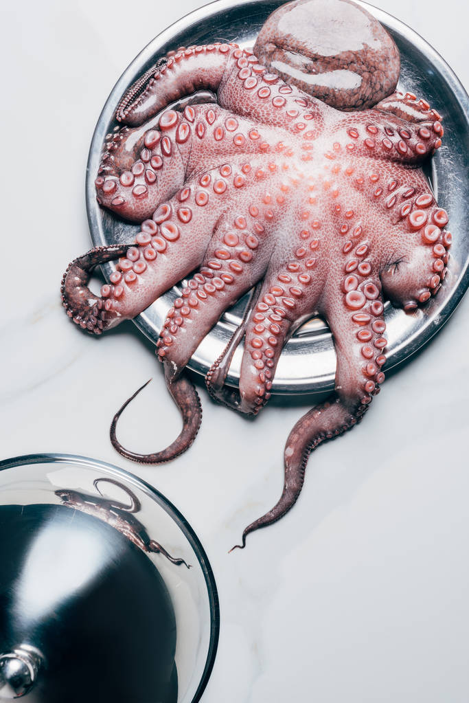 top view of big uncooked octopus in metal plate on marble surface - Photo, Image