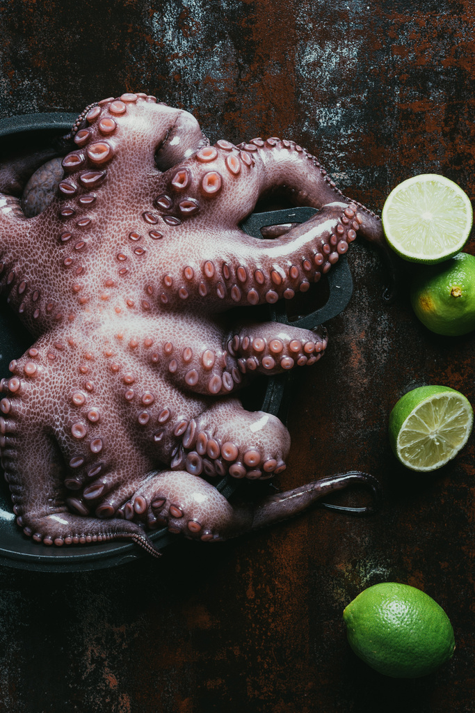 top view of big raw octopus in saucepan on rusty surface with fresh limes  - Photo, Image