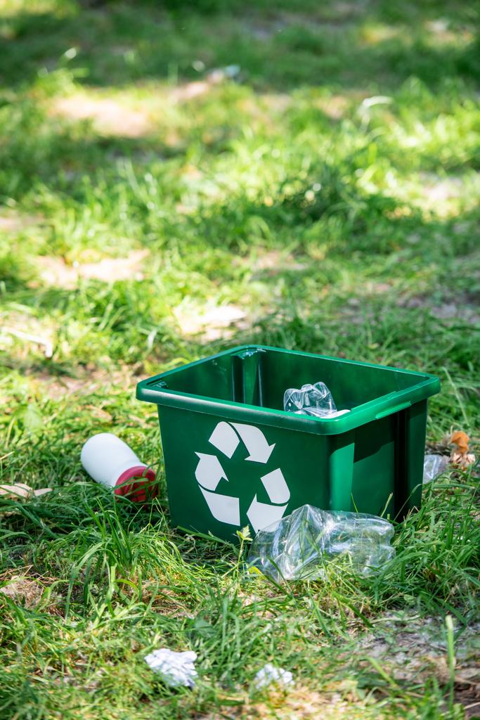 boîte de recyclage et déchets en plastique sur la pelouse verte
 - Photo, image