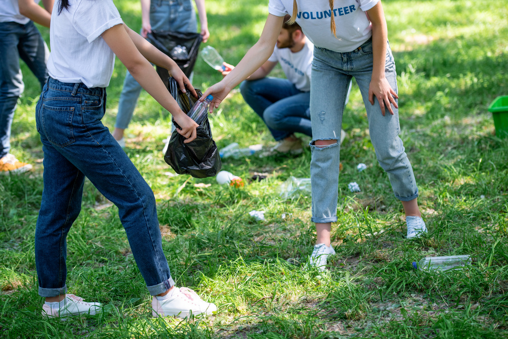 cropped view of young volunteers cleaning park  - Photo, Image