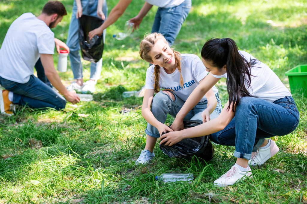 młodzi ochotnicy czyszczenia trawnik w parku  - Zdjęcie, obraz