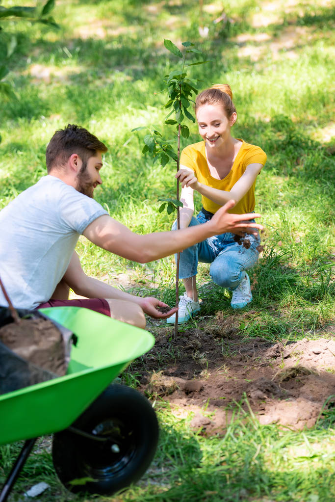 happy young couple planting new tree in park together - Photo, Image