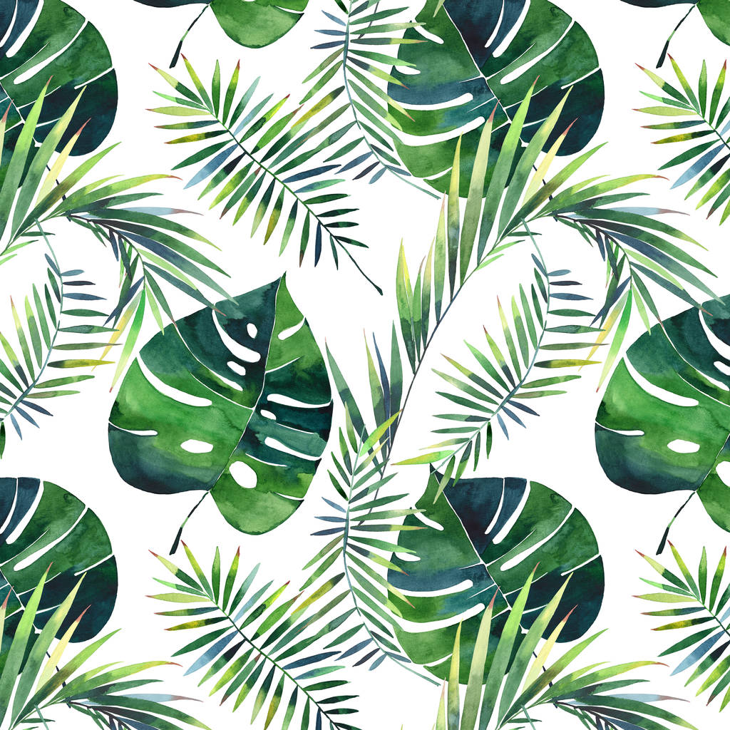 Lumineux beau vert à base de plantes tropicales merveilleux hawaii motif floral d'été d'un palmier tropique feuilles aquarelle illustration à la main. Parfait pour le textile, fonds d'écran, fonds d'écran
 - Photo, image