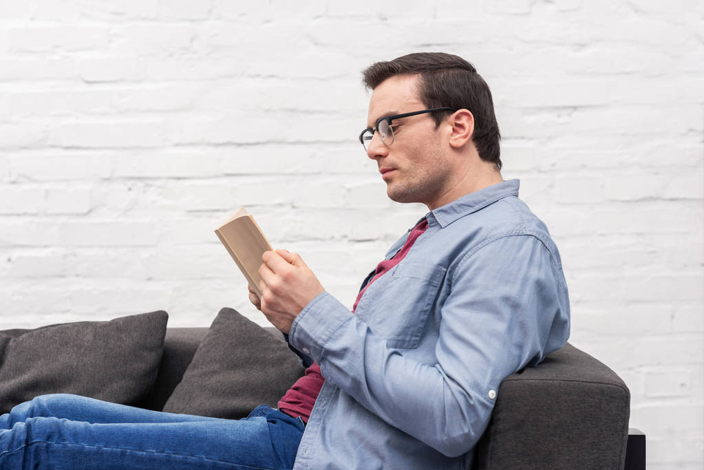 homme adulte concentré lecture livre sur canapé à la maison
 - Photo, image