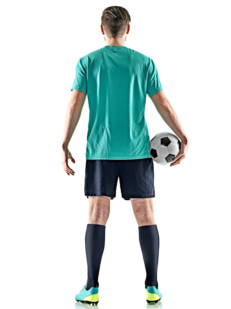 ένας άνθρωπος παίκτης ποδοσφαίρου που στέκεται απομονωμένο λευκό φόντο - Φωτογραφία, εικόνα