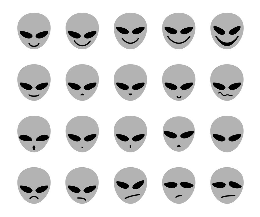 Alien, icon, different emotions, gray, vector. The face of an alien. Meme, icon. Vector pictures on white background. Gray faces with black eyes.  - Vector, Image