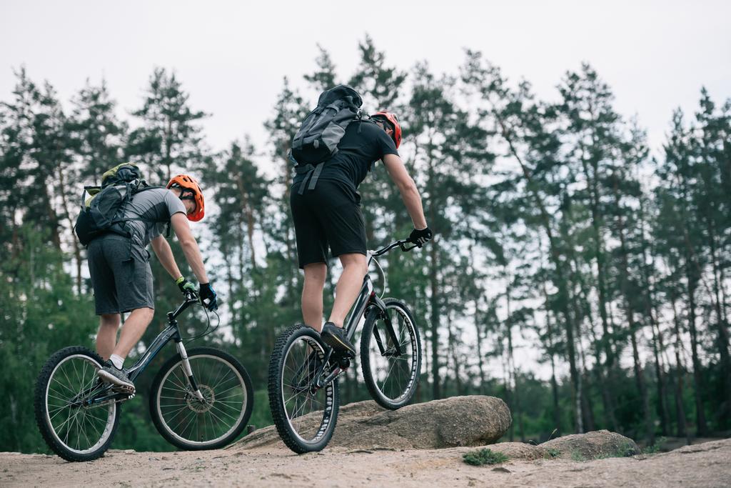 two male extreme cyclists in protective helmets riding on mountain bicycles in forest - Photo, Image
