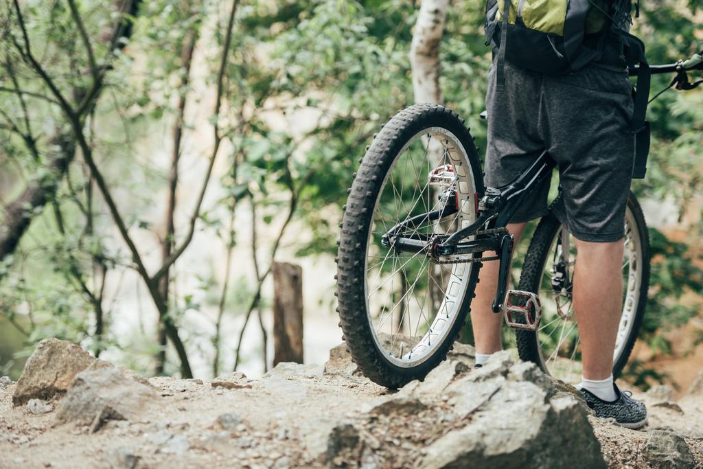 imagem cortada de ciclista masculino com mochila de pé com bicicleta na floresta
  - Foto, Imagem