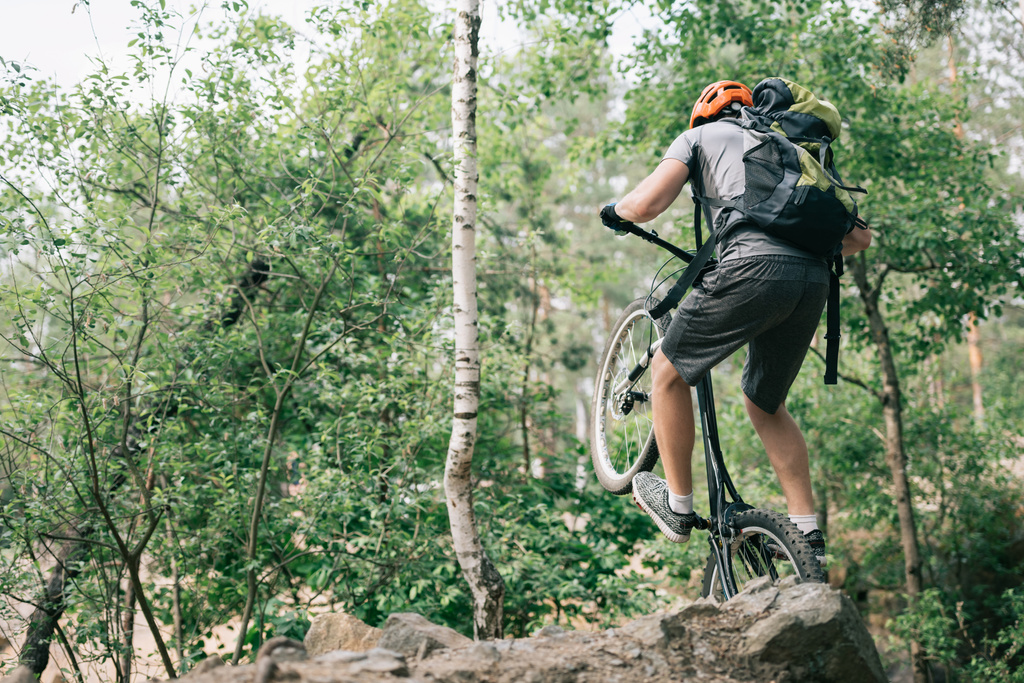 Rückansicht männlicher Trial-Biker mit Schutzhelm balanciert auf Hinterrad von Mountainbike im Wald - Foto, Bild