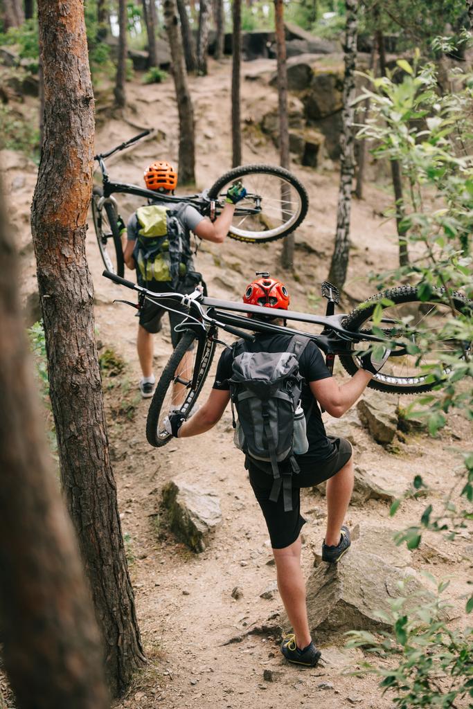 πίσω όψη της δοκιμαστικής ποδηλάτες που μεταφέρουν ποδήλατα στις πλάτες στο δάσος - Φωτογραφία, εικόνα