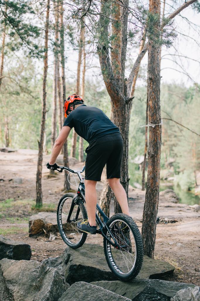 森の石の上でマウンテン バイクに乗って保護用のヘルメットで男性トライアル バイクの背面図 - 写真・画像