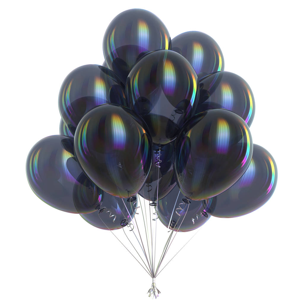 黒のパーティー バルーンの束。誕生日パーティーには、装飾を祝います。お祝いの暗いヘリウム風船。3 d イラストレーション - 写真・画像