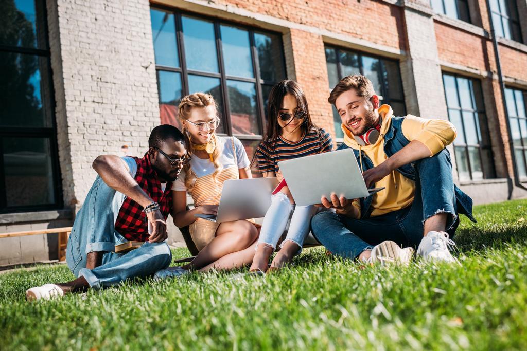 Sex tussen verschillendre rassen groep studenten met laptops en notebooks samen studeren op groen gazon - Foto, afbeelding