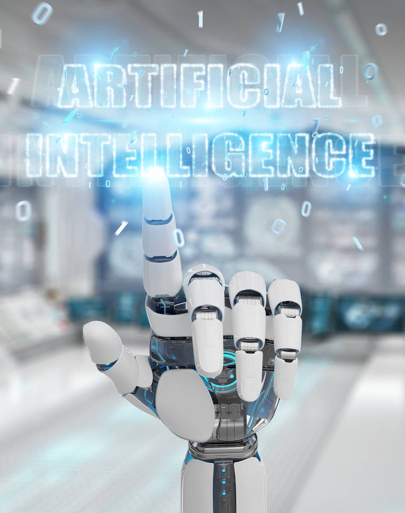 Mano cyborg blanca sobre fondo borroso usando la representación 3D del holograma del texto de la inteligencia artificial digital
 - Foto, Imagen