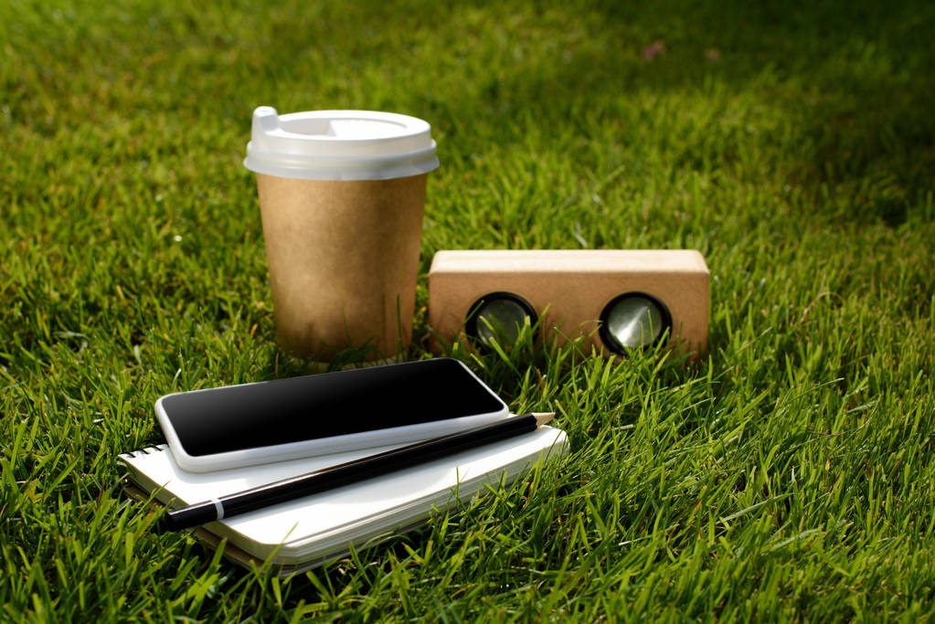 zblízka pohled na kávu s sebou, smartphone, notebook a audio reproduktor na zelené trávě - Fotografie, Obrázek