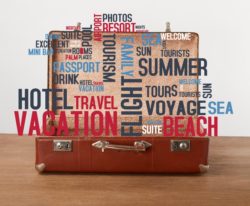 Otwórz walizkę vintage z ikony wakacje i słowa  - Zdjęcie, obraz