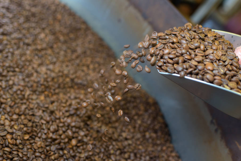controleren van de koffie bonen tijdens het roosteren proces in de fabriek - Foto, afbeelding