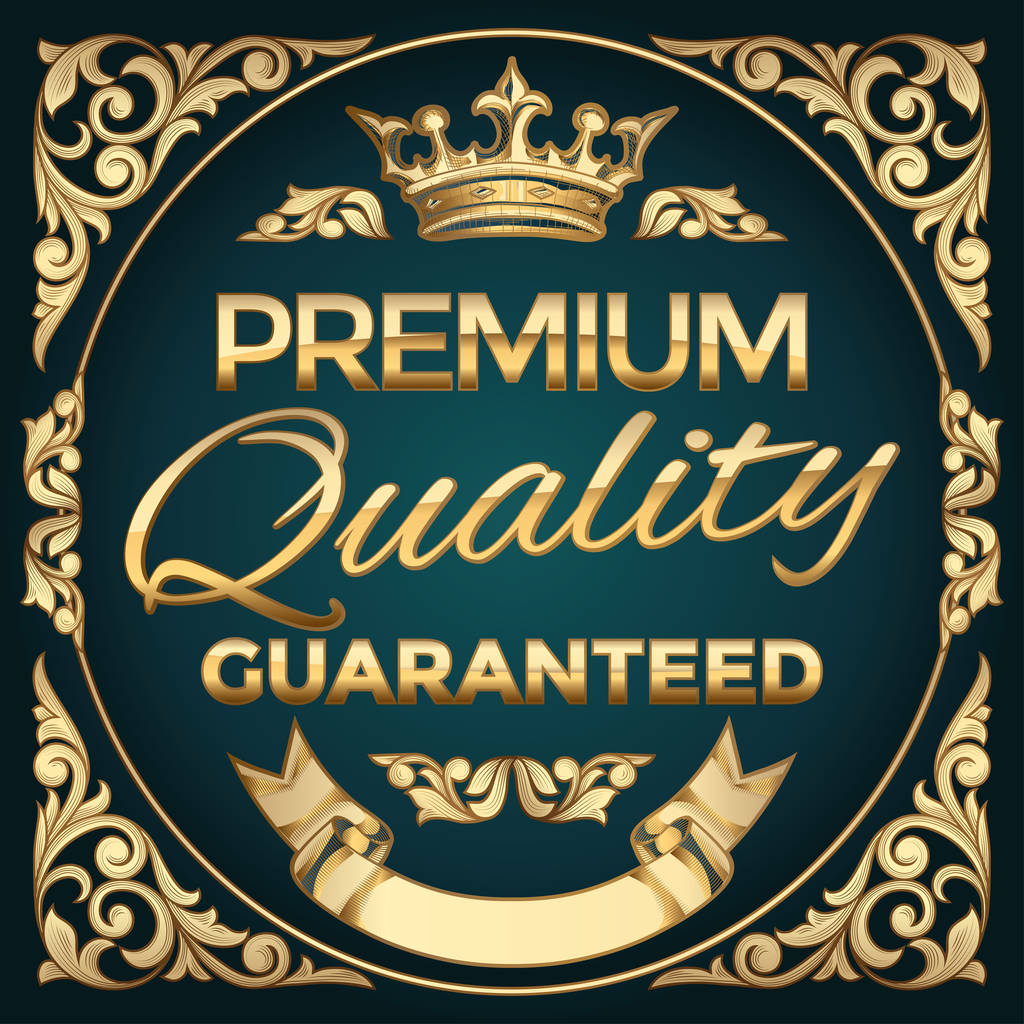 Tarjeta azul oscuro con elementos florales dorados y texto Premium Quality Guaranteed, ilustración vectorial
 - Vector, Imagen