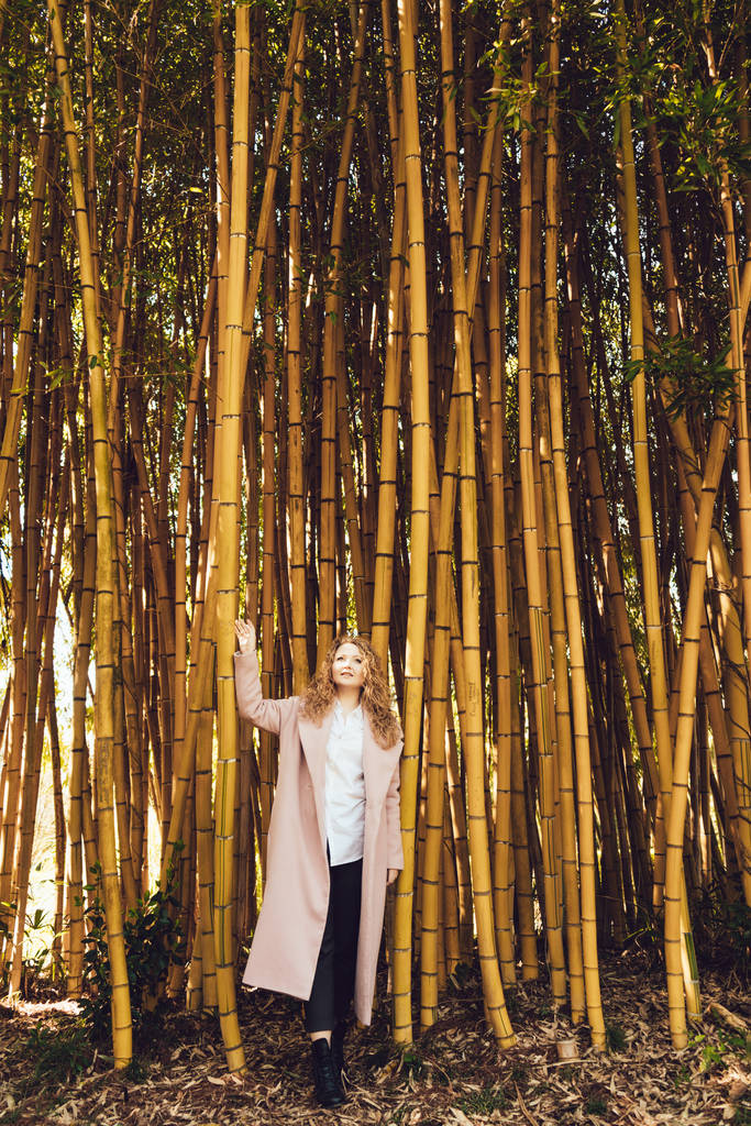 menina elegante em casaco rosa na moda posando no parque ao lado de árvores de bambu
 - Foto, Imagem