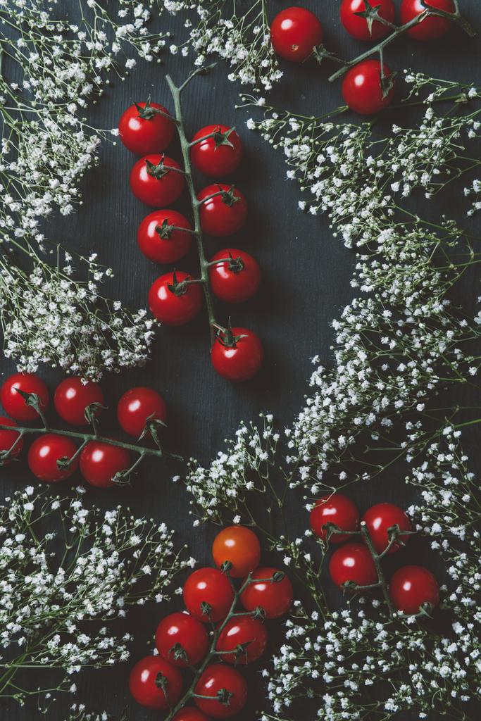 bovenaanzicht van het rode cherry tomaten en witte bloemen op zwarte houten achtergrond - Foto, afbeelding