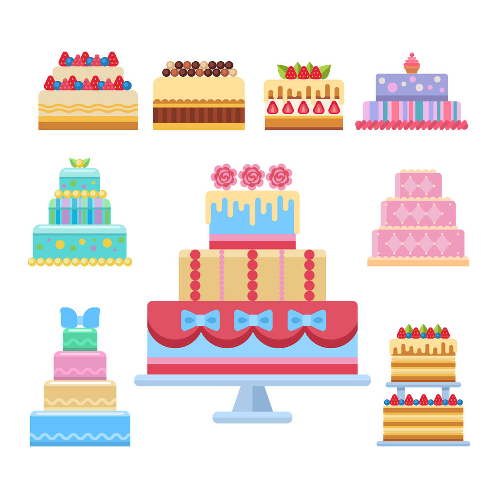 Svatební dort koláč sladkosti moučník pekárna plochý jednoduchý styl, samostatný vektorové ilustrace. - Vektor, obrázek