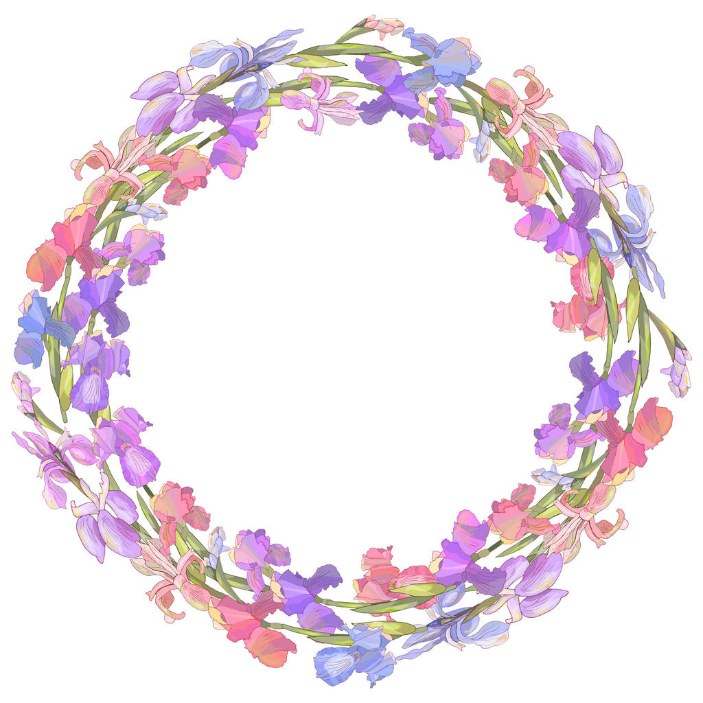 Corona de temporada redonda con iris aislados en blanco. Para cajas de regalo de diseño, anuncios, postales, carteles, invitaciones
 - Vector, Imagen