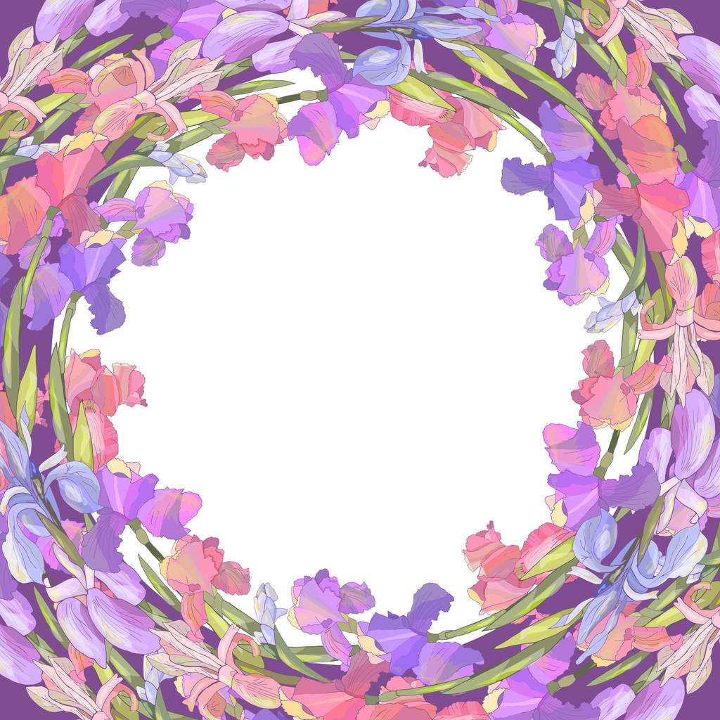 De kroon van de ronde seizoen met irissen geïsoleerd op violet. Voor ontwerp geschenkdozen, aankondigingen, briefkaarten, affiches, uitnodigingen - Vector, afbeelding
