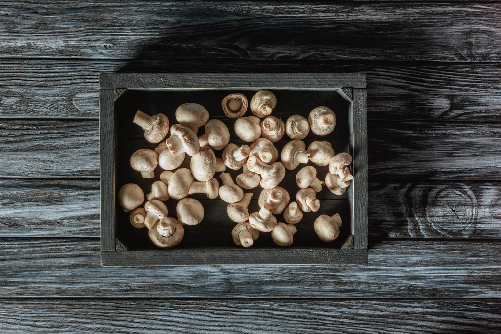 top view of uncooked champignon mushrooms in box on grey wooden surface - Photo, Image