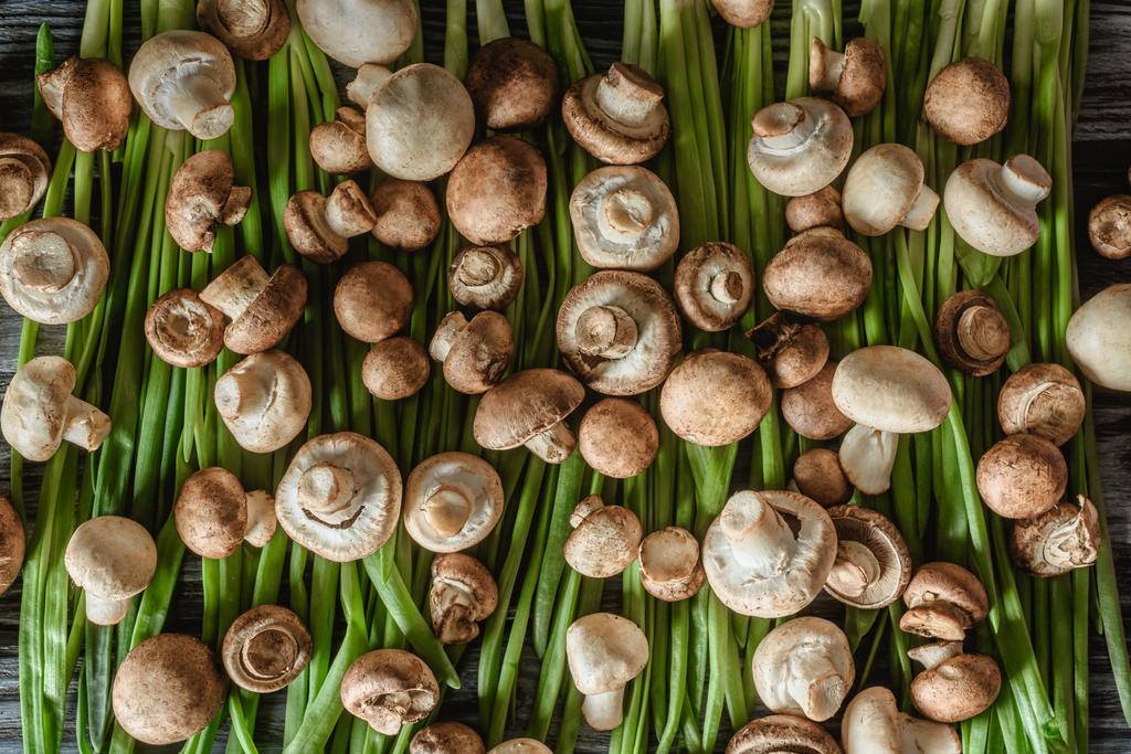 bovenaanzicht van champignon champignons op groene prei op houten tafelblad - Foto, afbeelding