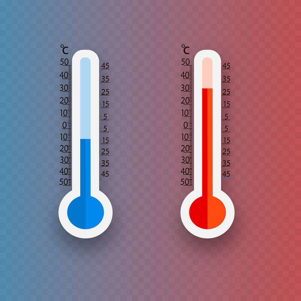 Meteorologia termometry na białym tle. Zimna i ciepła Temperatura. Ilustracja wektorowa. Stopniach Celsjusza i Fahrenheita - Wektor, obraz