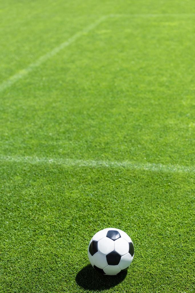 hoge hoekmening van voetbal liggend op groen gras - Foto, afbeelding