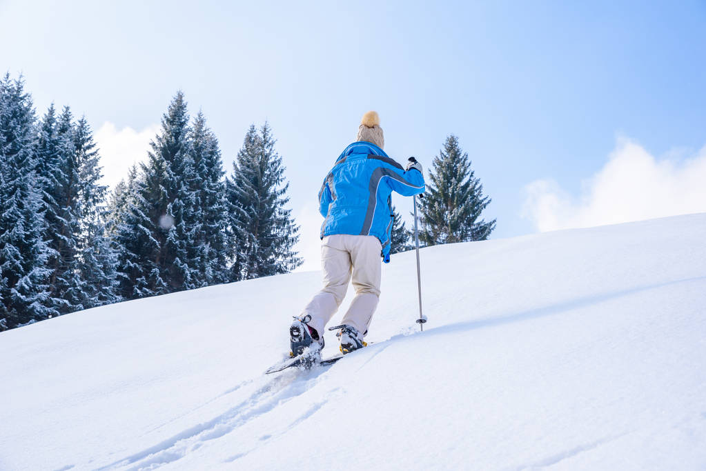Kobieta jest turystyka rakietach śnieżnych na śniegu szlak zimowy krajobraz lasu w Oberstdorfie, Bavaria Alpy w południowych Niemczech. Piękny krajobraz z drzew iglastych i biały śnieg. Aktywność sportowa zimowa. - Zdjęcie, obraz