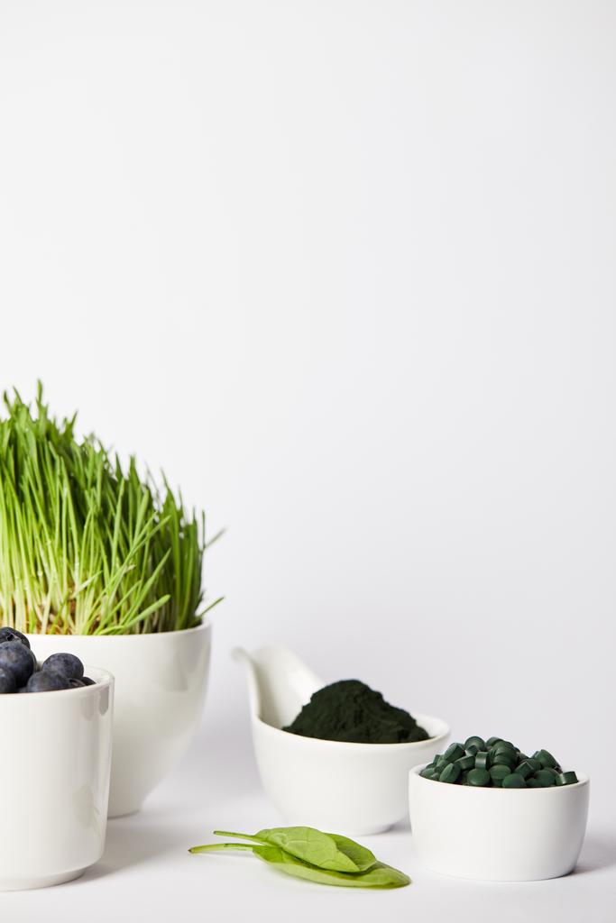 Nahaufnahme von Tassen mit Spirulina-Gras und Blaubeeren, Blättern, Schalen mit Spirulina-Pulver und Spirulina-Pillen auf grauem Hintergrund  - Foto, Bild