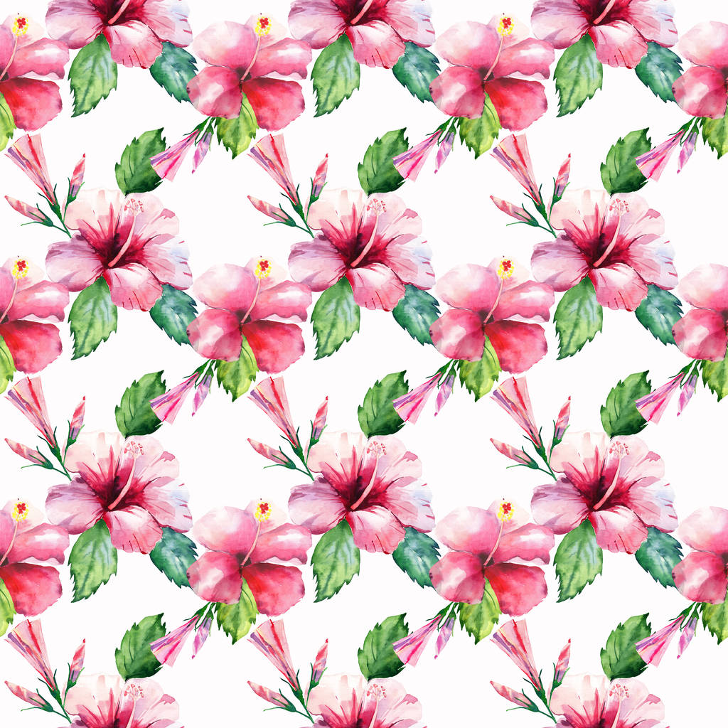 明るい緑ハーブ熱帯素晴らしいハワイ花夏パターン トロピック ピンク赤いバイオレット青い花ハイビスカス水彩手イラスト グリーティング カード テキスタイル 壁紙に最適 ロイヤリティフリー写真 画像素材