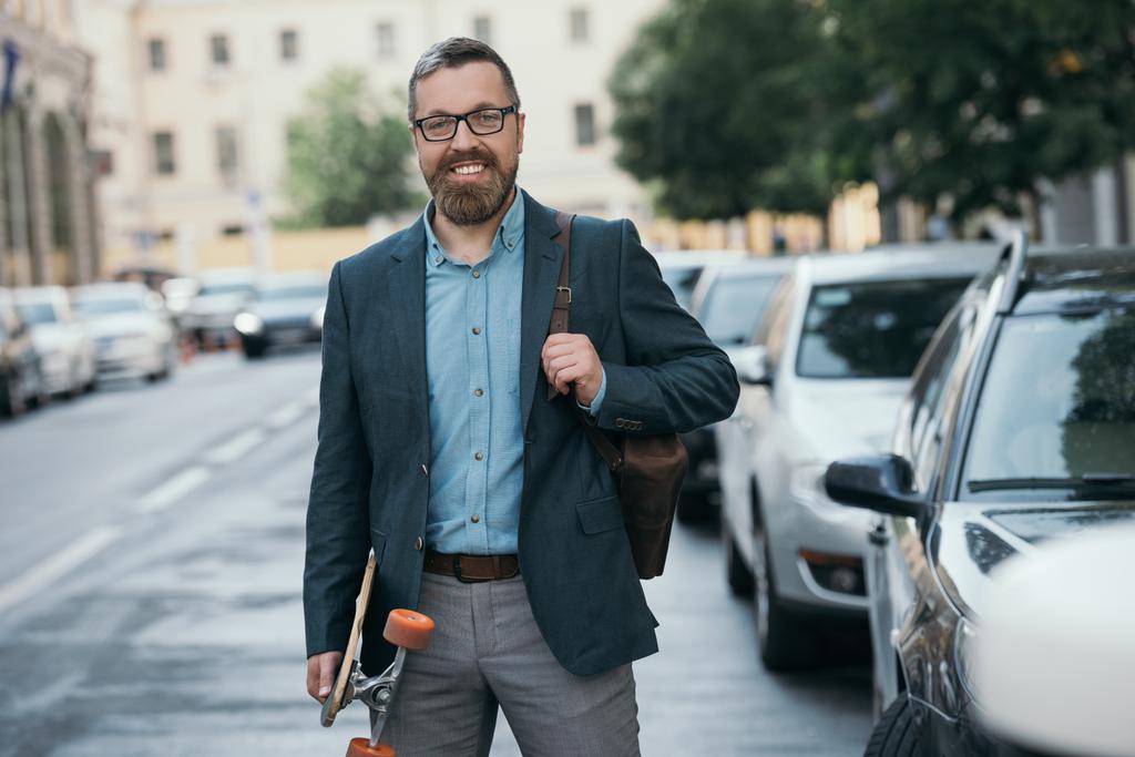 stijlvolle man met longboard lopen op weg met auto 's - Foto, afbeelding