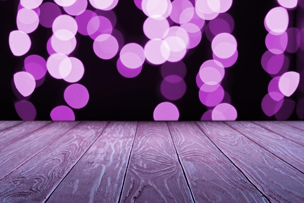 empty wooden surface and beautiful purple bokeh background - Photo, Image