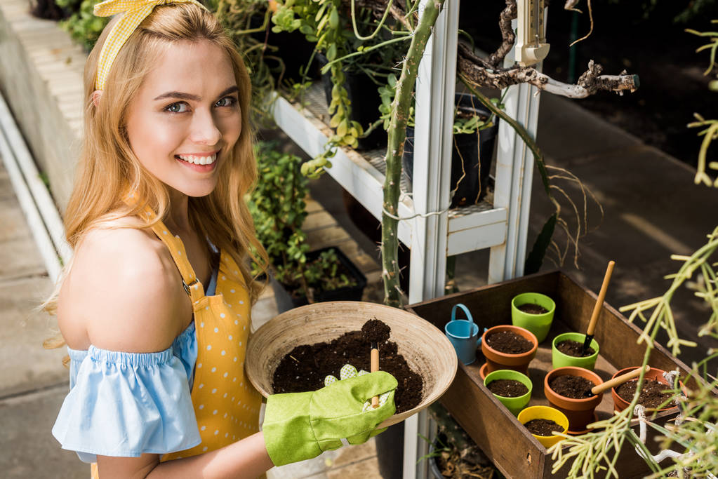 vysoký úhel pohled krásná mladá žena držící misku s půdou a usmívá se na kameru ve skleníku  - Fotografie, Obrázek